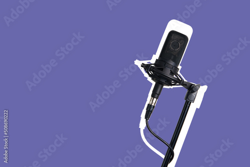 Art collage in magazine style. Black modern microphone isolated on lilac Very Peri background