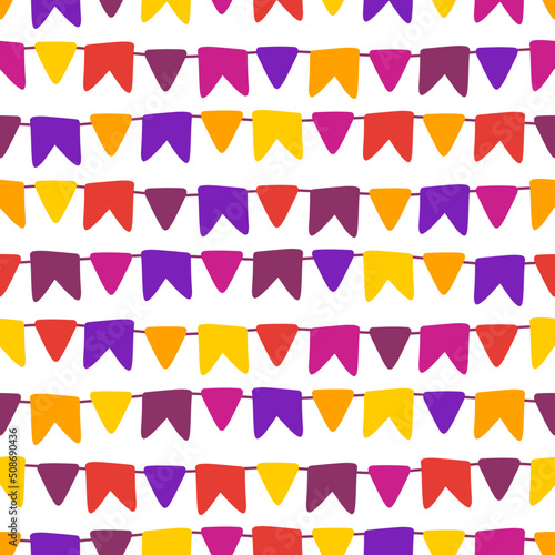 Seamless pattern in vector of typical June party flags. A traditional celebration in Brazil, the São João party. This print is ideal for fabrics, paper, or layout for social media. Template background