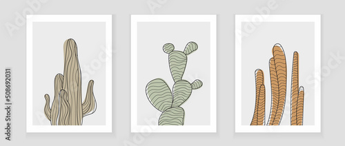 Cactus boho vector set in line art style. Ethnic tribal cactus in hand drawn style with bohemian ornament for wrapping paper, wallpaper, textile, logo, fabric.