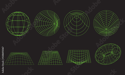 Set of wireframe geometric shapes in different shapes on black background. Geometric shape of highlighter green outline. Polygonal shape for your project. 3D. Vector illustration.