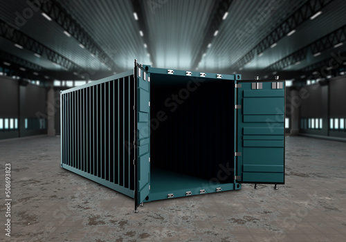 Empty shipping cargo container. Cargo container with nothing. Open sea container stands in middle of Hangar. Metaphor for export problems. Concept of lack of goods. Empty warehouse. 3d rendering.