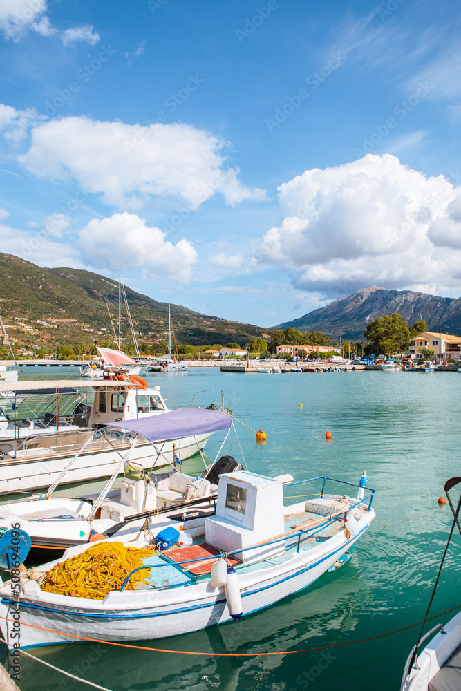 fish boats in vasiliki harbor lefkada island greece