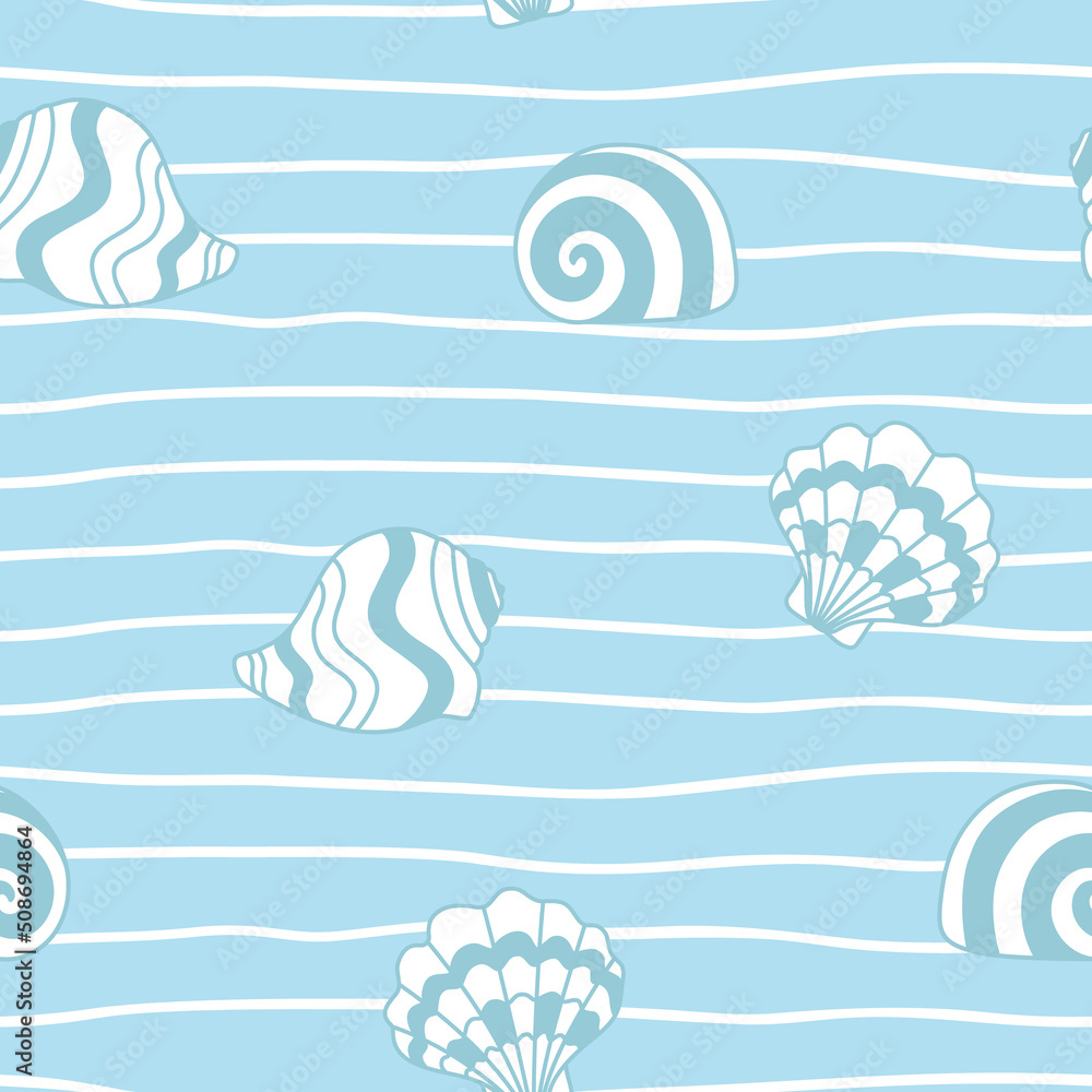 Seamless pattern with abstract shells blue outline on white wavy lines. Marine design