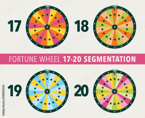 Collection of fortune wheel flat illustrations. 17, 18, 19 and 20 segmentation fortune wheel objects.