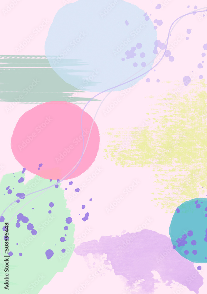 The illustration is in the style of abstraction. On a pale pink background, circles of bright colors are drawn