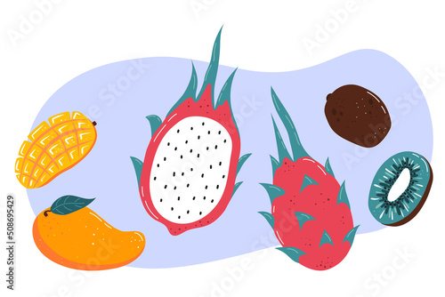 Fresh exotic fruit- mango, dragon fruit, kiwi. Healthy eating. Vector illustration