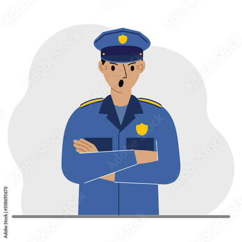 Police man. Profession policeman, security guard, patrolman in uniform.