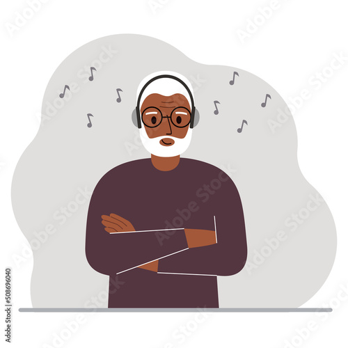 A old man in headphones listens to music. Podcast and hobby concept. Character for decor, design and print.