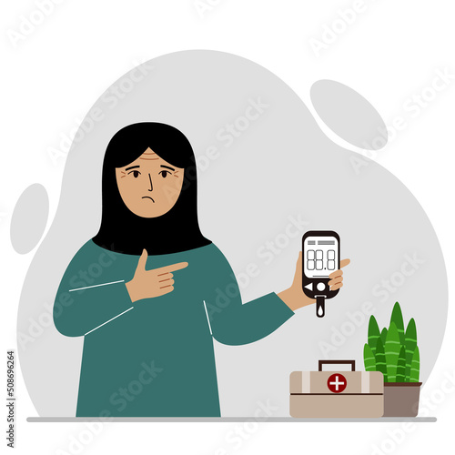 Sad woman holds a glucometer in his hand. The concept of blood sugar control, diabetic.