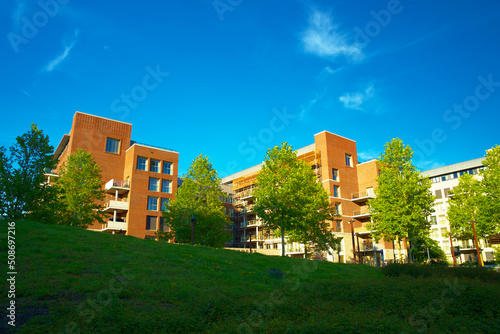 Green trees against a clear blue sky with urban buildings in the background. Urban greening of Europapark station in Groningen. photo