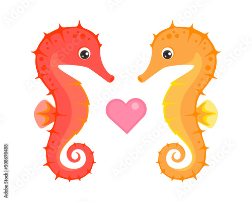 Couple seahorse with heart isolated on white. Cute cartoon vector funny sea animal. Flat icon.

