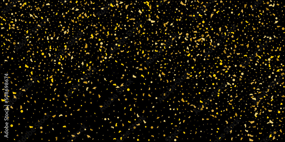 Golden glitter confetti on a black background. Illustration of a drop of shiny particles. Decorative element. Luxury background for your design, cards, invitations, gift, vip.