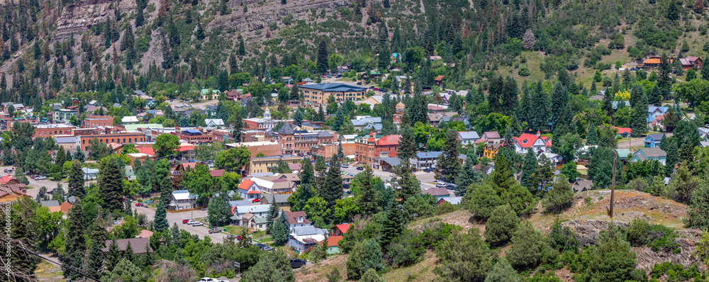 Aerial view of Historic Ouray city, Also known as the Outdoor Recreation Capital of Colorado.