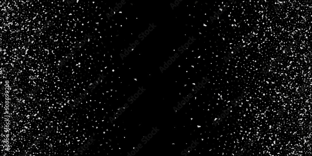 Obraz premium Silver confetti point on a black background. Luxury festive background. Silver grainy abstract texture overflows against a black background. Element of design. Vector illustration, EPS 10.