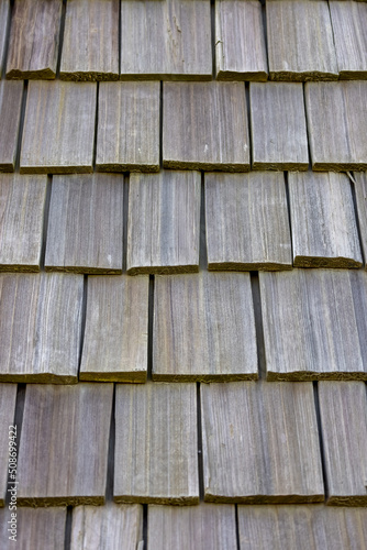 Close up view of vintage style exterior wooden shingles