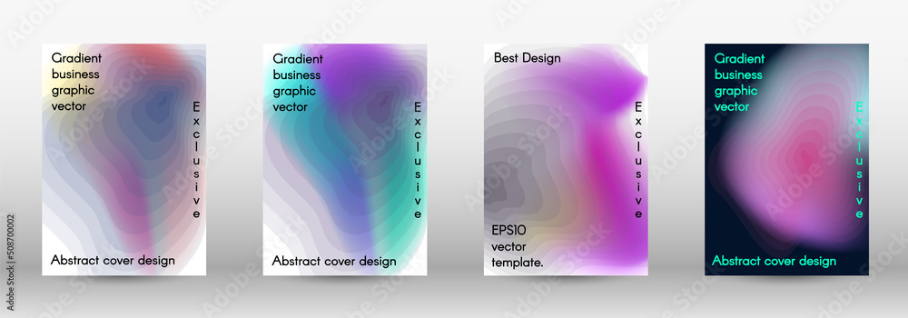 Set for liquid. Holographic abstract backgrounds. Bright mesh blurred pattern in pink, blue, green tones. Fashionable advertising vector in retro for book, annual, mobile interface, web application.