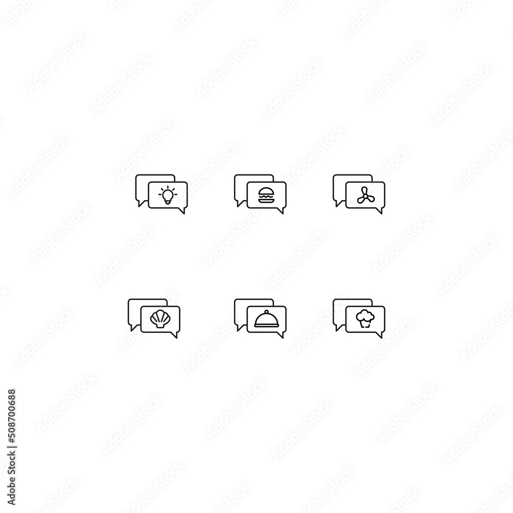 Line icon collection of vector signs and monochrome symbols drawn with black thin line. Suitable for shop, sites, apps. Bulb, burger, fan, seashell, cupcake, cloche bowl on speech bubble Line icon collection of vector signs and monochrome symbols drawn with black thin line. Suitable for shop, sites, apps. Bulb, burger, fan, seashell, cupcake, cloche bowl on speech bubble
