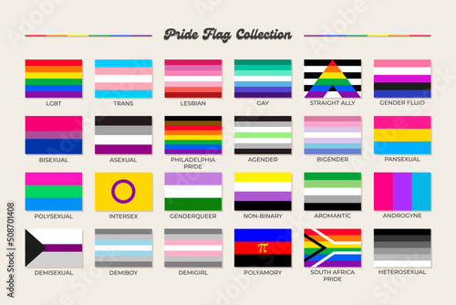 LGBTQ+ sexual identity pride flags collection. Flag of gay, transgender, bisexual, lesbian etc. Pride concept