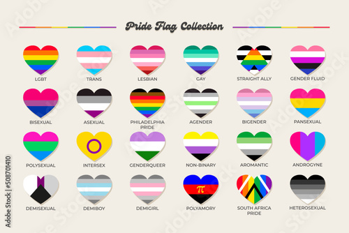 LGBTQ+ sexual identity pride flags collection. Flag of gay, transgender, bisexual, lesbian etc. Pride concept. Rainbow heart