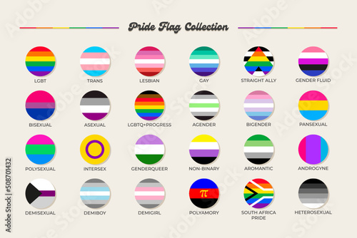 LGBTQ+ sexual identity pride flags collection. Flag of gay, transgender, bisexual, lesbian etc. Pride concept