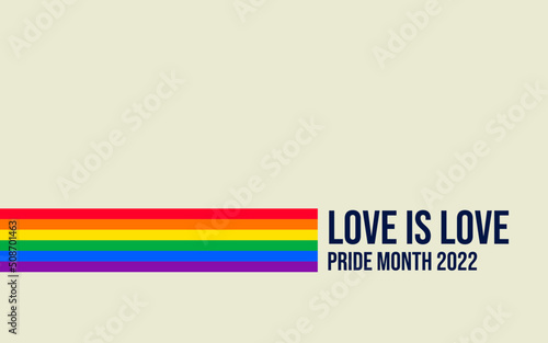 Pride Month banner with Pride Flag. LGBTQ Rainbow flag with Pride Month text. Love is Love 2022