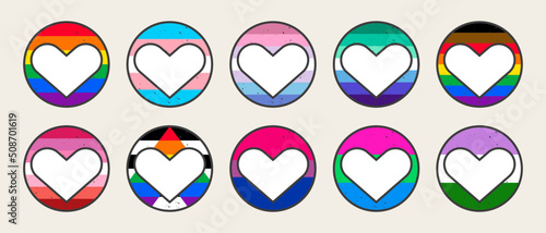 Retro Pride LGBTQ+ flags. 80s style retro rainbow striped circles with heart. Gay Pride Month. Flat design signs isolated on white background