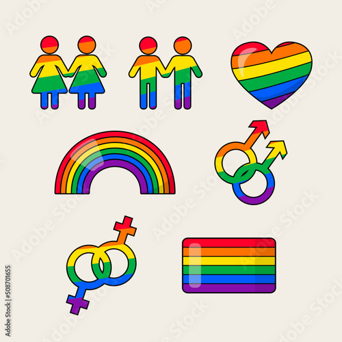 Pride LGBTQ+ icon set, LGBTQ+ related symbols set in rainbow colors. Gay Pride Month. Flat design signs isolated on white background