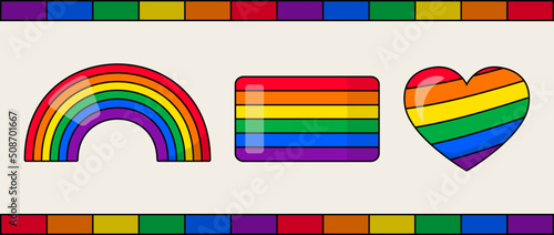 Pride LGBTQ+ icon set, LGBTQ+ related symbols set in rainbow colors. Gay Pride Month. Flat design signs isolated on white background