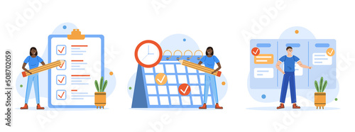 Schedule planning illustration set. Characters planning work tasks with pencil, filling check list, making schedule using board. Business and organization concept. Vector illustration
