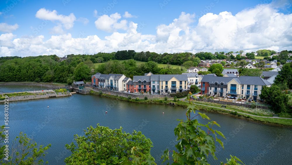 view from the top of 80 foot high keep at the stunning Pembroke Castle, looking across Pembroke town