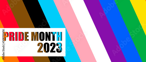 Inclusive Pride Background with Progress Pride Flag Colors. LGBTQ Rainbow flag with Pride Month 2023