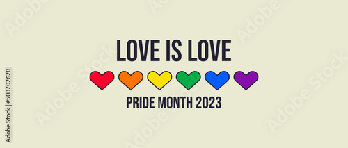 Pride Month banner, Pride Flag colors with heart shape. LGBTQ Rainbow flag with Pride Month 2023