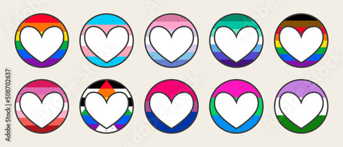 Retro Pride LGBTQ+ flags. 80s style retro rainbow striped circles with heart. Gay Pride Month. Flat design signs isolated on white background