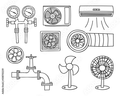 Doodle ventilation conditioning and heating system equipment icons collection. Hand drawn ventilation conditioning and heating system equipment icons collection. HVAC system equipments icon set.