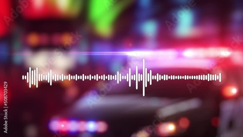 Police radio talk audio waveform. Police strobe flashing lights in background. Seamless loop