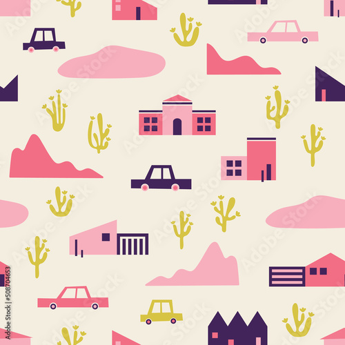 Pink City in the desert seamless pattern. Inspired by summer vibes of Los Angeles, California. Perfect for happy vibes! 