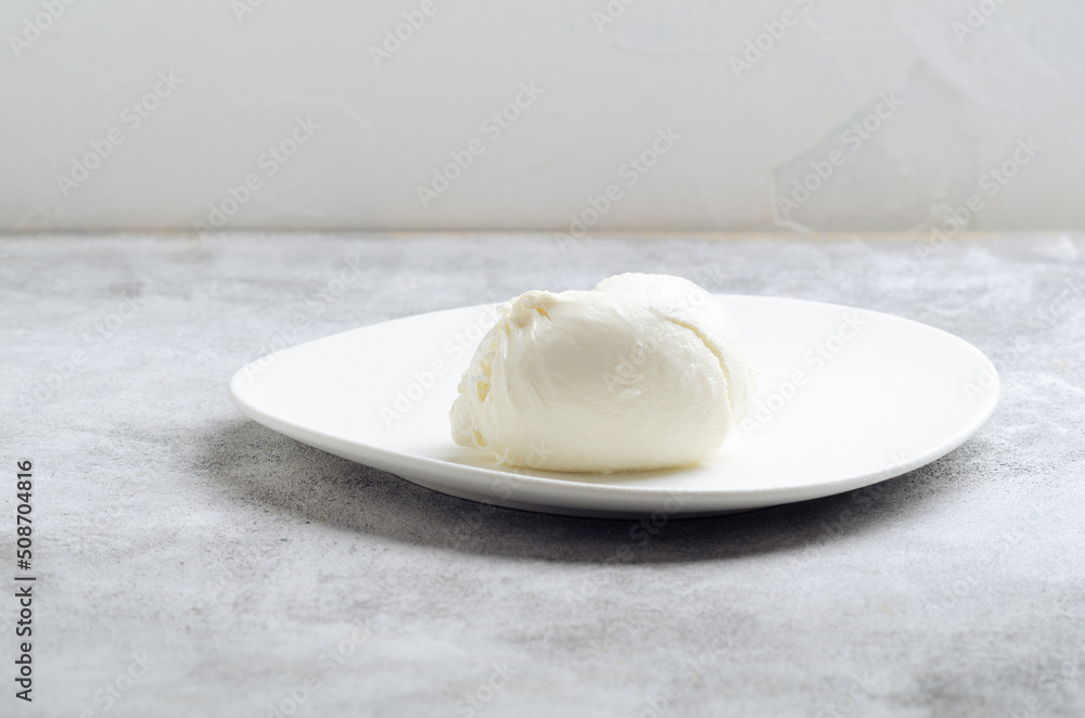 Italian  cheese burrata on white plate on concrete surface.