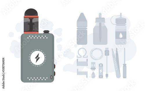 Vape or vapor illustration. Cigarette substitute. Smoking tool. Includes component icons. Flat style. Vector design