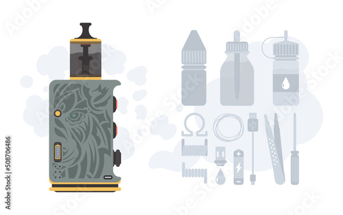 Vape or vapor illustration. Cigarette substitute. Smoking tool. Includes component icons. Vector illustration