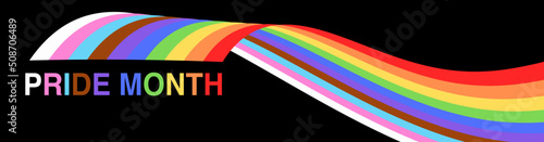 Pride Banner with LGBT Flag Wave Design Element.. Pride Month Vector Illustration. Pride Rainbow on black background.