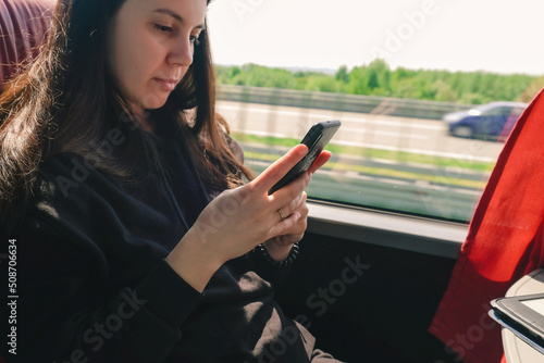 woman traveler in bus road trip