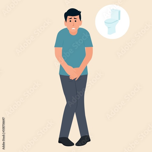 Stressed man standing and want to pee.  Anxious guy  with a full bladder need a toilet, desperation and stress. Vector illustration.