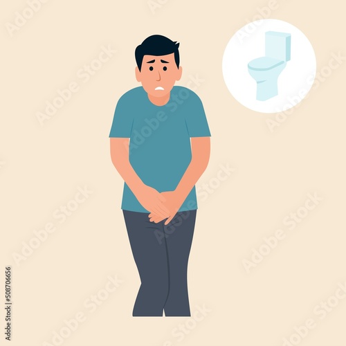 Stressed man standing and want to pee.  Anxious guy  with a full bladder need a toilet, desperation and stress. Vector illustration.