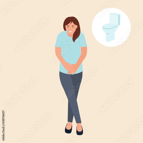 Woman standing and want to pee.  Person with a full bladder need a toilet, desperation and stress. Vector illustration
