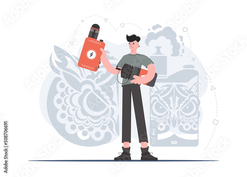 The guy holds an electronic cigarette in his hands. Flat style. The concept of vapor and vape. Vector illustration.