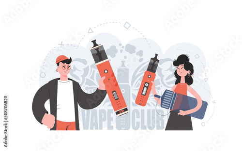 The girl and the guy are holding an electronic cigarette in their hands. Trendy style with soft neutral colors. The concept of replacing cigarettes. Vector illustration.