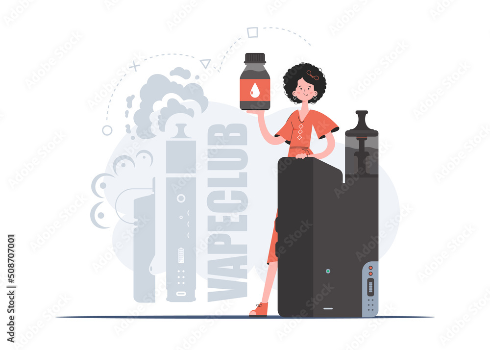 The girl is holding an electronic cigarette in her hands. Trendy style with soft neutral colors. The concept of vapor and vape. Vector illustration. The girl is holding an electronic cigarette in her hands. Trendy style with soft neutral colors. The concept of vapor and vape. Vector illustration.