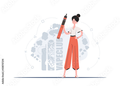 The girl holds in her hands a system for vaping. Trendy style with soft neutral colors. The concept of vapor and vape. Vector illustration.