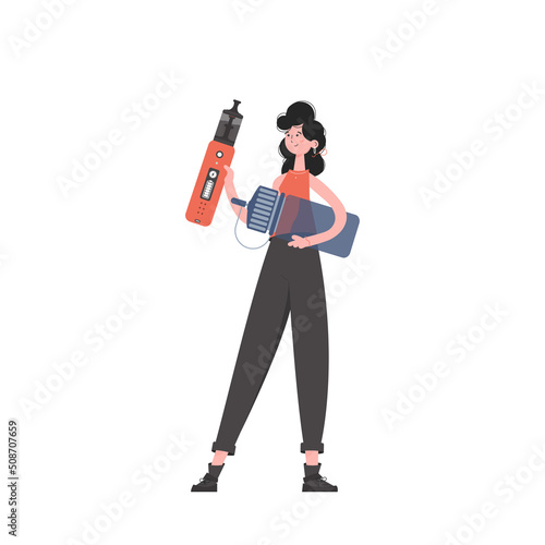 A woman holds an electronic cigarette in her hands. Flat style. Isolated on white background. Vector illustration.