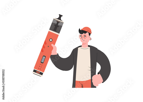 The guy holds in his hands a system for vaping. Flat style. Isolated. Vector illustration.